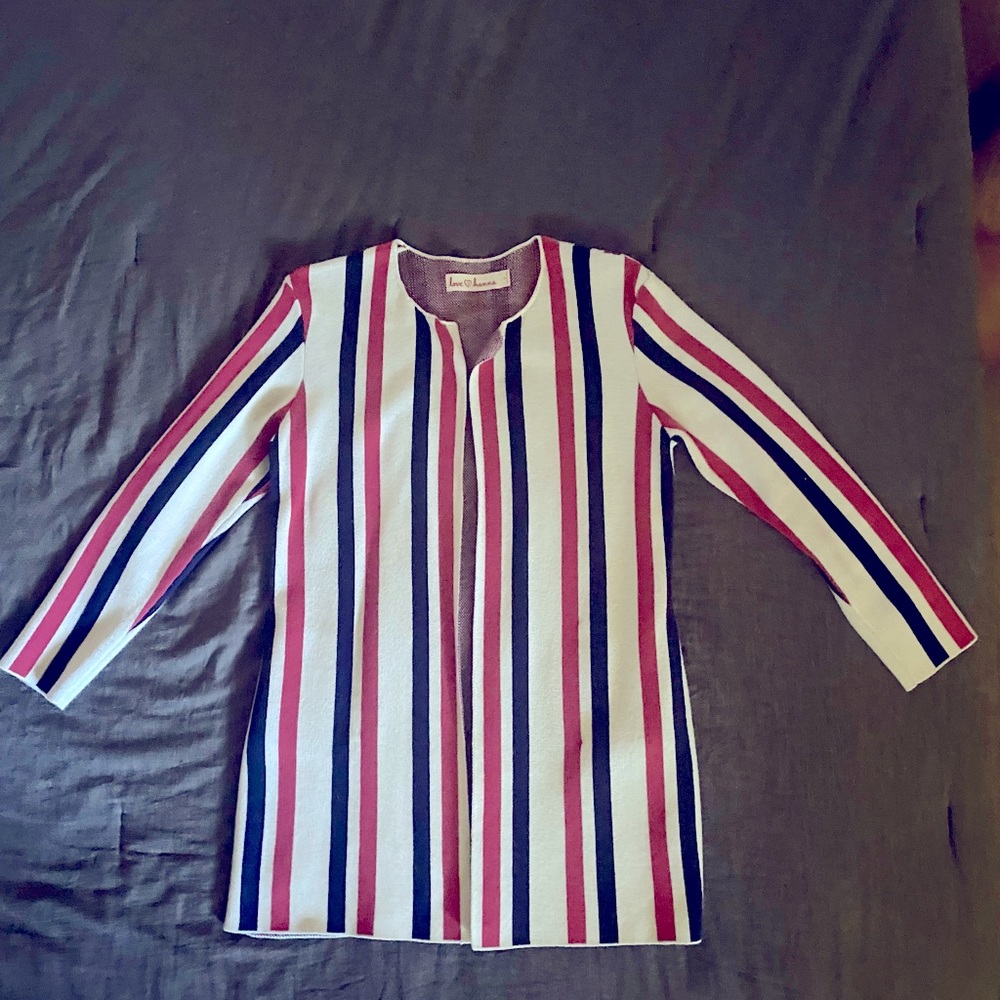 Thick cotton super soft jacket. Red/blue/off-white striped. Great for layering.